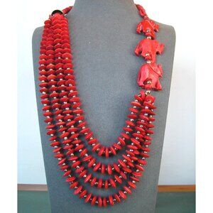 Hand Carved Red Elephant Necklace & Earrings Set With Silver Accents
